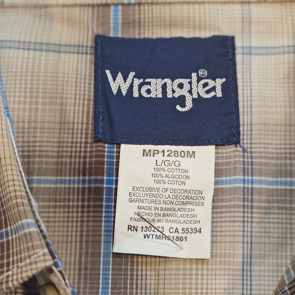 Wrangler Mens Plaid Western Pearl Snap Shirt Embroidered Rodeo Tan Blue L - Picture 3 of 16